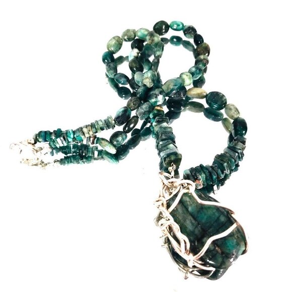 Genuine Emerald Gemstone Sterling Silver Necklace Pendant Wire Wrapped Natural - Picture 3 of 11